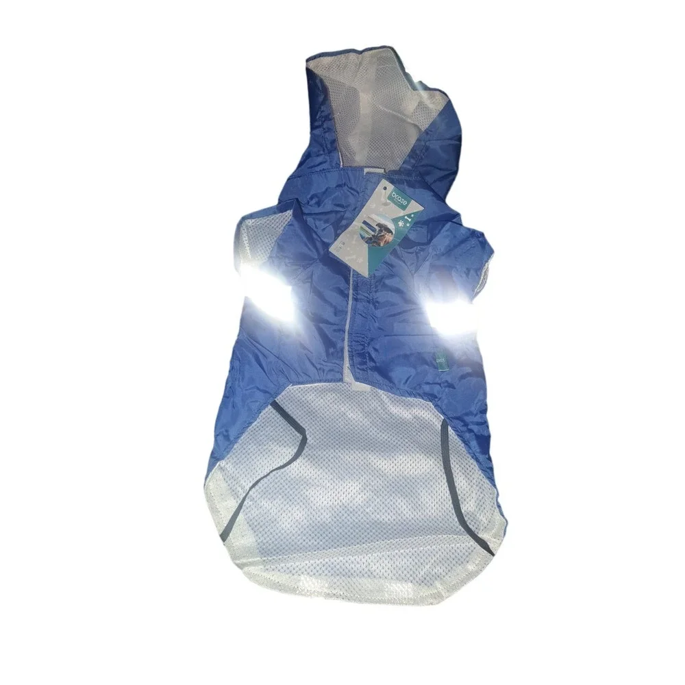 NIB-Sz L Dog Reflective Rain Jacket with Hood Blue White Gray MR DOG on back